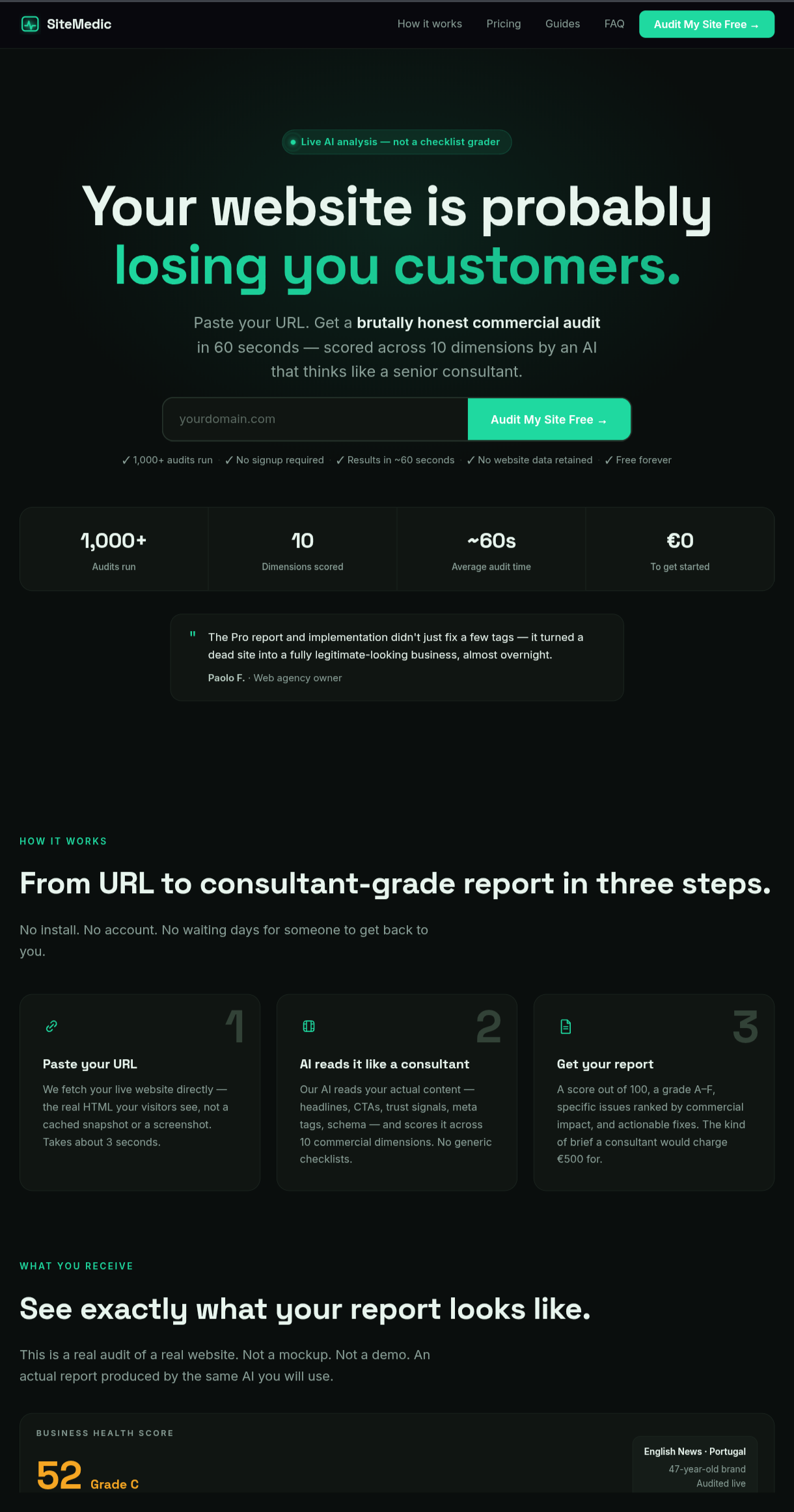 SiteMedic.pro — AI website audit SaaS platform, web design by Sul Digital